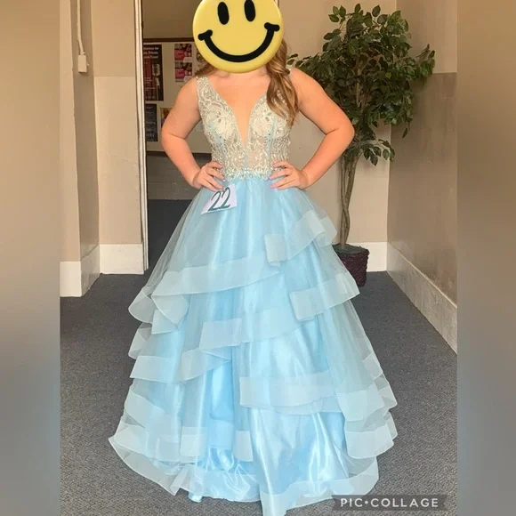 light blue pageant dresses Light Blue One-Shoulder Pageant Dress with Rhinestone Trim and Cape – PG011  – Viniodress main image 0